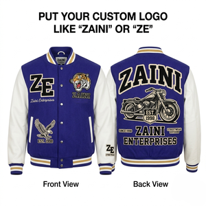 ZAINI Premium <b>Men</b> Varsity <b>Jacket</b> 390 GSM Cotton Blend Fleece Windproof Autumn Purple <b>White</b> Contrast Panels Custom Logo Chenille - Product Image 2
