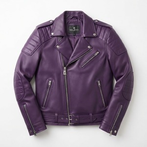 Veste de moto en cuir pour homme RELEVO, couleur violette, coupe ajustée, fermeture éclair, col rabattable, style automne - Product Image 1