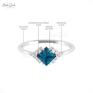 Bague à livraison rapide, 5 mm, taille carrée, topaze bleue de Londres, halo de diamants, en or blanc fin 14 carats, bague délicate, d'un vendeur vérifié - Product Image 6