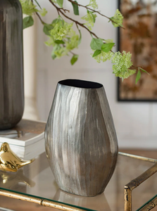 Modern Textured Iron Metal Table <b>Vase</b> with a Vertical <b>Ribbed</b> Pattern Handcrafted Tapered Pewter <b>Vase</b> with a silver Finish - Product Image 5