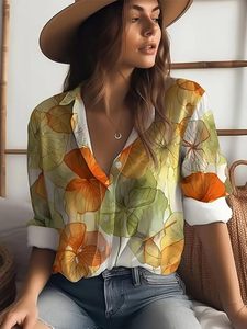 Camisa Western de Mujer con Estampado Floral, Cuello con Botones y Mangas Largas Enrolladas, Corte Holgado - Product Image 4