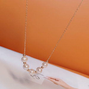 Collier Zhuji Pearl en or 14 carats plaqué, avec perle d'eau douce blanche de 6-7 mm, presque ronde, sans défaut, chaîne de cou Road Tong - Product Image 1