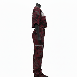 Premium 320 GSM Cotton Polyester Fleece Crop T Shirt And Cargo Pant Set <b>Maroon</b> All Over Print Custom Logo Women set - Product Image 2