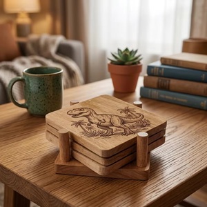 Ensemble de sous-verres carrés en bois avec motif dinosaure, style rustique, faits à la main, antidérapants, finition naturelle, diamètre 10 cm, perles artisanales - Product Image 2