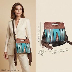 Sac bandoulière en cuir pour femme, style bohème western, sacoche turquoise à motifs aztèques, sac à franges vintage - Product Image 6