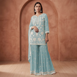Ensemble Salwar en Georgette Brodé pour Femme, Tenue Traditionnelle Ethnique, Longueur au Sol, Style Indien et Pakistanais, Coupe Classique - Product Image 3
