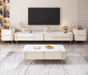 Modern White Marble TV Stand with Gold Trim Storage <b>Cabinet</b> for Living Room Furniture 65 In and Up - Product Image 2