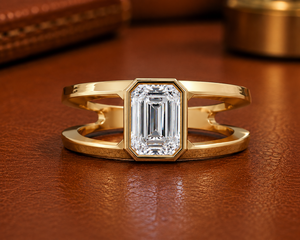 Modern Bezel Set Engagement <b>Ring</b> <b>Emerald</b> Cut Lab Grown Diamond 1.00 ct IGI Certified 14K Pure Gold Split Shank Wedding <b>Rings</b> - Product Image 1