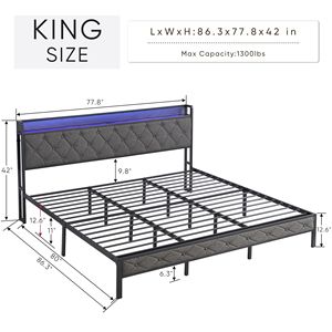 King <b>Bed</b> <b>Frame</b> with LED Charging Station Headboard Upholstered <b>Platform</b> <b>Bed</b> on Heavy Metal Slats No Box Required - Product Image 6