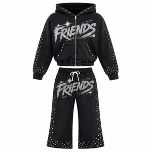 Ensemble sweat à capuche et pantalon imprimé avec strass, unisexe, coupe oversize, style hip-hop, noir, en molleton French Terry - Product Image 1