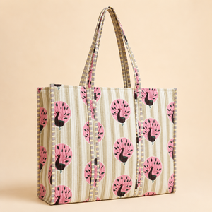 Sac fourre-tout bohème écologique matelassé fait main avec motif paon, fermeture éclair, spacieux, en coton, pour femme, idéal pour les voyages, la plage et le shopping - Product Image 1