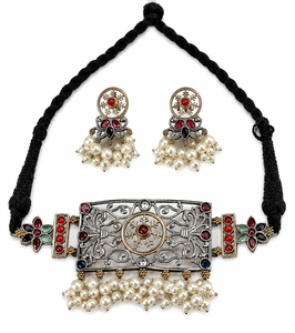 Women's Gold Plated Antique <b>Silver</b> Plated Brass Zircon Bohemia Bezel Setting Lovers <b>Choker</b> Necklace Drop Earrings - Product Image 1
