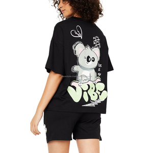 Conjunto de 2 Piezas para Mujer, Top Corto Negro con Estampado de Dibujos Animados, Pantalones Cortos a Juego, Estilo Holgado Informal para Verano - Product Image 2