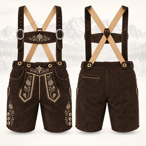 Shorts Lederhosen légers marron brodés pour hommes, bretelles croisées au dos, taille mi-haute, fermeture boutonnée, style décontracté, pour le printemps et toutes les saisons - Product Image 2