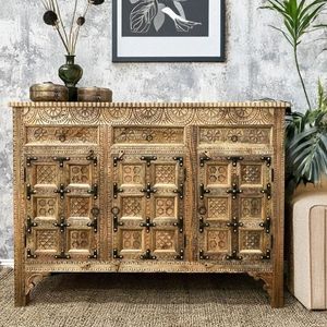 Vintage Hand Carved Solid Wood <b>Sideboard</b> Mango Wood Cabinet Modular Storage Console for Living Room Hotel - Product Image 4