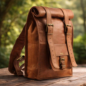 Italian Style Leather <b>Roll</b> Top <b>Backpack</b> Premium Finish Rucksack For Upscale Boutique Luxury Travel Bag LRTB-0148 - Product Image 1