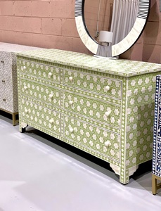 Indian Artisan Made Fully Handcrafted Bone Inlay Green Dresser <b>6</b> <b>Drawers</b> Mediterranean Style Living Room Cabinet Antique - Product Image 3