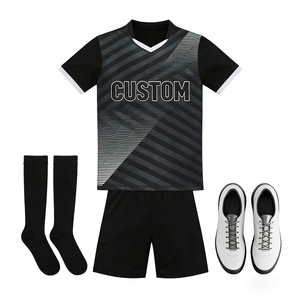 Ensemble de maillot de football personnalisé, noir rayé, col en V, manches courtes, évacuation de l'humidité, uniforme unisexe pour adultes avec short, chaussettes et chaussures - Product Image 1
