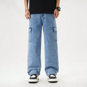 Jean cargo en denim bleu glace style rétro pour femme, 100 % coton, écologique, respirant, taille haute, thème vintage, pantalon tendance - Product Image 2