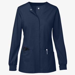 Veste de travail médicale à prix de gros, sans col, à fermeture à boutons-pression, manches longues, poignets tricotés, coutures ajustées, vestes de travail personnalisées - Product Image 5