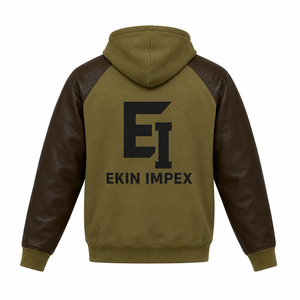 เสื้อฮู้ดผู้ชายแขนหนัง PU สกรีนลายสตรีทแวร์ลำลอง - Product Image 2
