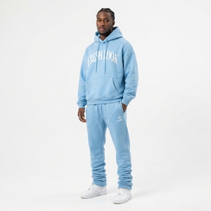 Conjunto Deportivo de Otoño para Hombre al por Mayor, Estilo Urbano, 2 Piezas: Sudadera con Capucha Estampada y Pantalones Acampanados Deportivos, Diseño 100% Original - Product Image 1