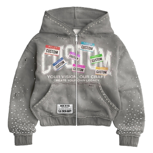Sudadera con capucha de felpa 100% algodón, pesada, desgastada, con cremallera y pedrería de primera calidad, estilo streetwear, fabricante global a granel - Product Image 2