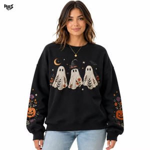 Sudadera negra bordada de Halloween para mujer con fantasmas y calabazas, cuello redondo, jersey de algodón de punto extragrande - Product Image 1
