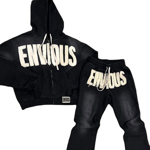 Chándal desgastado con lavado ácido de color sólido con estilo para hombre Par de pantalones holgados y Sudadera con capucha con bolsillos Gothic para Vogue Look - Product Image 1