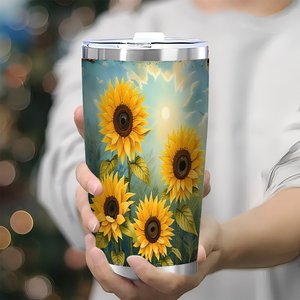Gobelet isotherme en acier inoxydable 20 oz à double paroi avec motif tournesol, tasse de voyage - Product Image 3