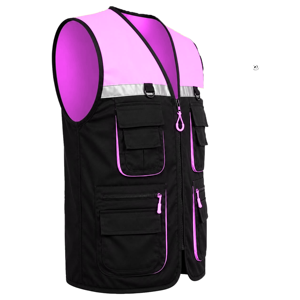 Gilet de sécurité réfléchissant haute visibilité unisexe noir rose en polyester avec poches - Product Image 6