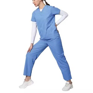 Ensemble de blouses et pantalons d'hôpital pour femmes, bleu, col en V, en coton et polyester tissé, couleur unie, avec détection d'aiguilles - Product Image 6