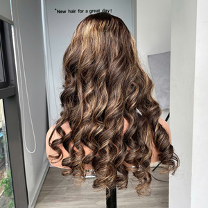 Piano Mixing Brown <b>Color</b> Human <b>Hair</b> Wig Bouncy Curly High Quality Beautiful Human <b>Hair</b> Vietnamese Raw Swiss Lace Middle Part - Product Image 1