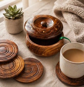 Premium Round Wood <b>Coaster</b> Set Vintage Wooden <b>Drink</b> Cup Mat with Storage Holder Box Durable Restaurant Cafe Bar Tableware - Product Image 5
