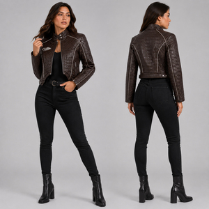 Blouson moto matelassé en cuir PU pour femme, col montant, fermeture éclair, longueur courte, logo personnalisé sur le devant, nouveau design tendance - Product Image 4