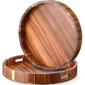 Plateau de service en bois pur avec poignée en fer, forme arrondie, pour la maison, la cuisine, l'hôtel, le restaurant, plateau de service en bois naturel - Product Image 3