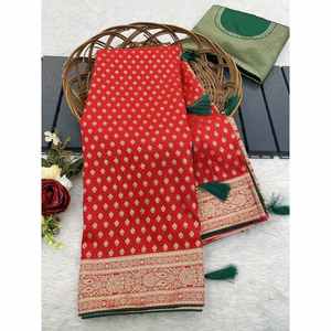 Sari Banarasi de Moda con Tejido Dorado y Blusa sin Coser en Rojo - Product Image 1