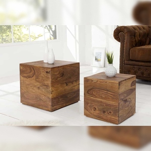 Juego de 2 mesas auxiliares Vandana Classic Essence, modelo Cube MAKASSAR, 40 cm, marrón, madera maciza de Sheesham con acabado en piedra. - Product Image 1