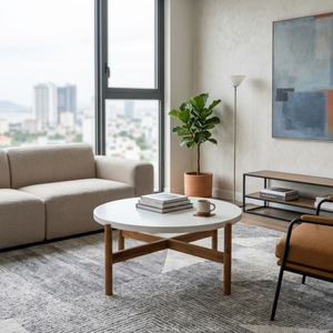 Mesa Redonda de Terrazo Estilo Escandinavo con Patas de Madera, Mesa Redonda Resistente para Interiores y Exteriores, Hecha en Vietnam, B2B - Product Image 3