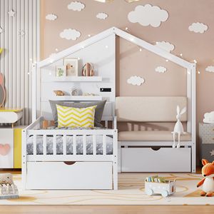 Letto singolo bianco per bambini con divano imbottito, stazione di ricarica wireless, ripiani e due cassetti - Design a casetta - Product Image 2
