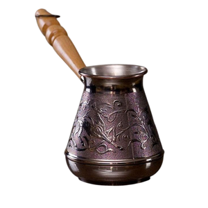 Cafetière turque en cuivre gravée à la main, Cezve Ibrik, cafetière traditionnelle arabe grecque pour cuisinière, avec poignée en bois durable - Product Image 1
