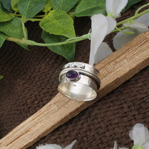 Wholesale Shree Jaipur Silver 925 Sterling Silver Amethyst Bezel Setting <b>Spinner</b> <b>Ring</b> Hammered Beaded Multi Band Gemstone <b>Ring</b> - Product Image 1