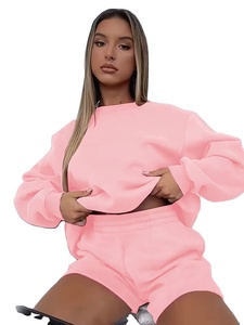 1 Set Solid Color Crew Neck Sweatshirt & Shorts Outfit with Long Sleeve Athletic Shirt Solid Color Crew Neck Sweatshirt Shorts - Product Image 2