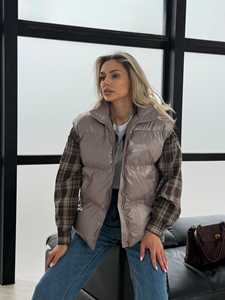 Gilet matelassé pour femme, veste en duvet, tissu en denim de peau de mouton, col à capuche, manches longues, fermeture éclair, couleur unie - Product Image 2