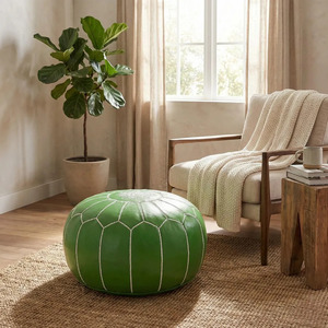 Green Moroccan Leather Pouf Ottoman Handmade Round Floor Cushion Embroidered Footstool for Living Room Decor - Product Image 1
