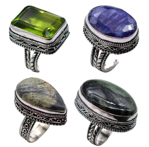 Assorted Natural Gemstone Christian Wedding & Party <b>Rings</b> Vintage Oval Cut <b>Chunky</b> Sterling <b>Silver</b> Plated Statement Jewelry - Product Image 4