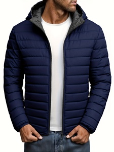 Men Hooded Puffer Jacket Navy Blue Quilted Windproof Winter <b>Coat</b> <b>Zipper</b> Closure Casual Style Slim Fit - Product Image 1