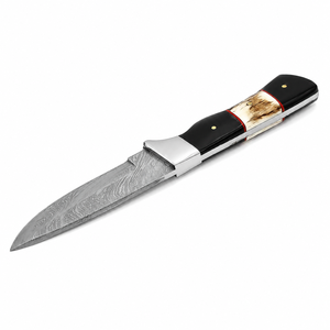 Cuchillo de caza de acero de Damasco con hoja recta de punta caída, mango de cuerno de ciervo y funda de cuero - Product Image 2