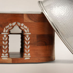 Premium Wooden Buffet <b>Server</b> with Hammered Stainless Steel Dome Lid Decorative <b>Food</b> Warmer Serving Bowl - Product Image 2