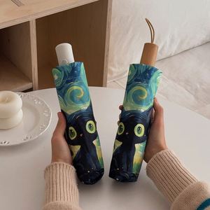 Paraguas de Viaje Plegable Automático y Manual de Tres Pliegues con 8 Varillas, Diseño Retro de Gato de Dibujos Animados, Personalizado al por Mayor para Estudiantes y Mujeres - Product Image 1